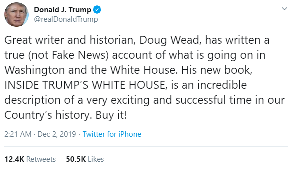 President Donald Trump, @realDonaldTrump, tweets about Doud Wead's, New Book, Inside Trump's White House